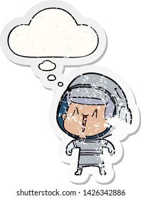cartoon astronaut man with thought bubble as a distressed worn sticker
