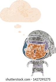 cartoon astronaut man with thought bubble in grunge distressed retro textured style
