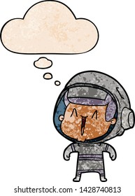 cartoon astronaut man with thought bubble in grunge texture style