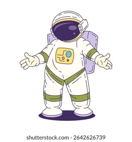 Cartoon astronaut mascot in a white suit with a jetpack standing with arms open, perfect for educational and science-themed designs. Vector mascot illustration.