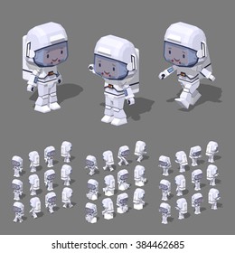 Cartoon astronaut minifigure. 3D lowpoly isometric vector illustration. The set of objects isolated against the grey background and shown from different sides