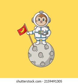 Cartoon astronaut monkey character holding flag. Vector illustration