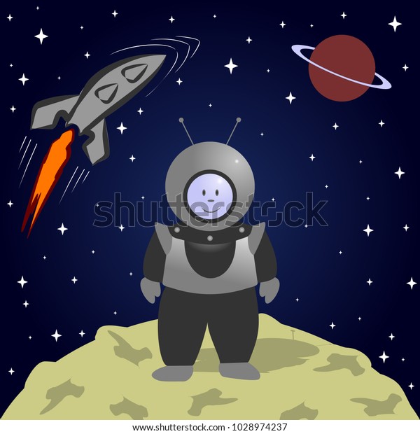 Cartoon astronaut\
on the moon. Space\
landscape.
