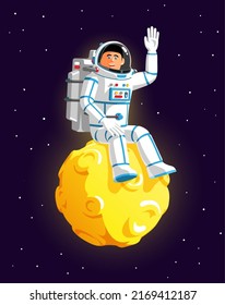 Cartoon astronaut on the Moon. Astronaut in spacesuit sits on planet with craters and waves his hand. Vector illustration
