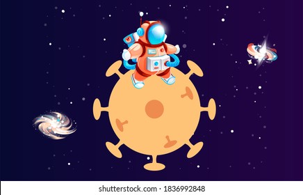 Cartoon astronaut on planet in form of a virus. Cosmonaut in outer space with comet. Spaceman in colorful spacesuit among bright stars on cosmos. Character of cartoon space game. Coronavirus in space