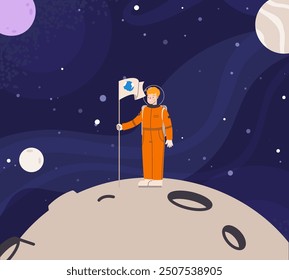 Cartoon astronaut on planet surface with flag. International space mission, friendship of countries in Universe. Courage and achievement vector scene