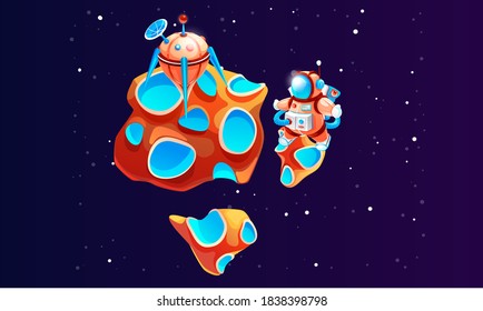 Cartoon astronaut on the planet vector illustration. Cosmonaut in outer space with meteorite. Spaceman in a colorful spacesuit among bright stars on cosmos background. Character of cartoon space game