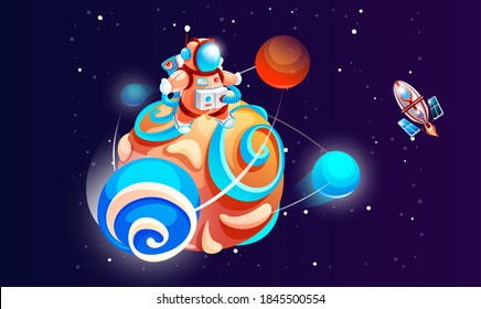 Cartoon astronaut on the planet vector illustration. Cosmonaut in outer space with rocket. Spaceman in a colorful spacesuit among bright stars on cosmos background. Character of cartoon space game