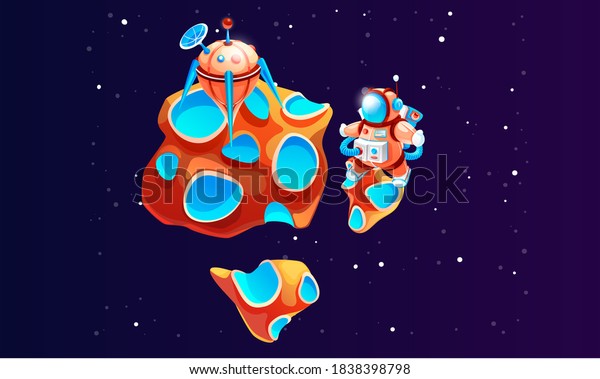 Cartoon astronaut on the planet vector illustration.
Cosmonaut in outer space with meteorite. Spaceman in a colorful
spacesuit among bright stars on cosmos background. Character of
cartoon space game