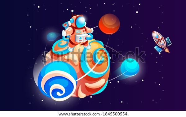 Cartoon astronaut on the planet vector illustration.\
Cosmonaut in outer space with rocket. Spaceman in a colorful\
spacesuit among bright stars on cosmos background. Character of\
cartoon space game