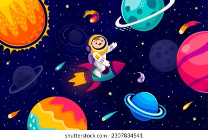 Cartoon astronaut on rocket in starry galaxy between space planets, comets and asteroids. Space exploration vector background with alien galaxy planets, funny kid astronaut character flying on rocket