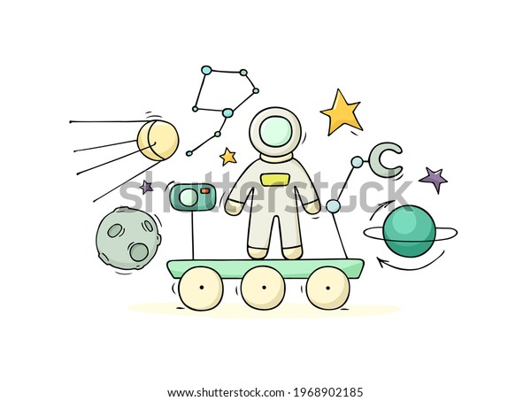 Cartoon astronaut on the rover and\
space objects. Hand drawn illustration - space electromobile with\
astronaut on board moon or mars exploration\
vehicle.
