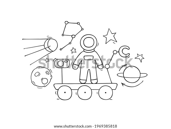 Cartoon astronaut on the rover and
space objects. Hand drawn illustration - space electromobile with
astronaut on board moon or mars exploration
vehicle.