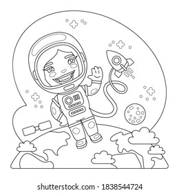 Cartoon astronaut in outer space above planet Earth near a rocket. Coloring book page with profession character.