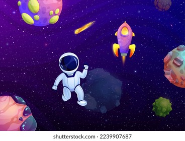 Cartoon astronaut in outer space. Fantastic alien planets backdrop or wallpaper, fantasy galaxy space travel vector background with astronaut character flying in weightlessness, starship and comet