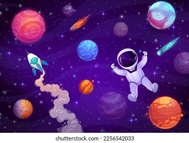 Astronauta de dibujos animados en el espacio ultraterrestre. Paisaje estelar galaxy. Carácter espacial volando en la ingravidez, fantasía rocketship o toma de cohetes, planetas alienígenas de galaxia fondo vectorial o papel tapiz