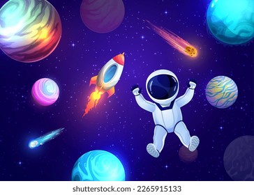 Astronauta de dibujos animados en el espacio exterior, paisaje galáctico con planetas y estrellas. El cosmonauta vectorial chaval flotando sin peso con planetas alienígenas, motor de nave espacial, asteroides, cometas y estrellas brillantes