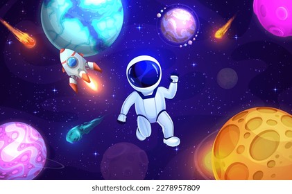 Astronauta de dibujos animados en el espacio ultraterrestre, planetas, estrellas y nave espacial con cohetes. Descubrimiento espacial, investigación astronómica de fondo vectorial con carácter astronauta en la ponderación, planetas alienígenas, cometa y asteroide