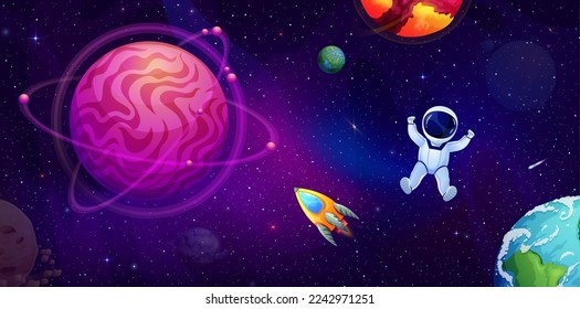 Astronauta de dibujos animados en el espacio exterior en galaxia estrellada. Ilustración vectorial con cosmonauta de niño divertido flotando en la ingravidez de la órbita del planeta alienígena con cohete de nave espacial, asteroides y estrellas brillantes