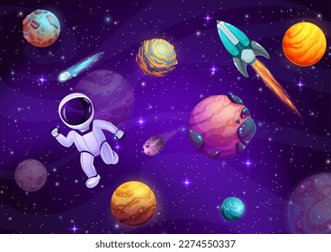 Astronauta de dibujos animados en el espacio ultraterrestre. Galaxia estrellada, planetas y cohetes. El cosmonauta vectorial chaval flotando sin peso con planetas alienígenas, motor de nave espacial, asteroides, cometas y estrellas brillantes