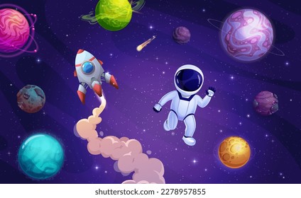 Cartoon astronaut in outer space starry galaxy landscape. Vector funny cosmonaut float in weightlessness with alien planets, rocket spaceship, asteroids and stars. Interstellar journey, mission