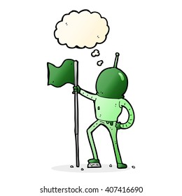 cartoon astronaut planting flag with thought bubble