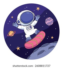 Cartoon astronaut playing surfing in space