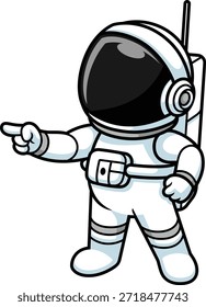 Un astronauta de dibujos animados que apunta hacia la izquierda. Esta ilustración representa información de orientación, dirección, navegación, instrucción y resaltado. Ideal para infografías, presentaciones, diseño de interfaz de usuario, Anuncios y necesidades de comunicación visual.