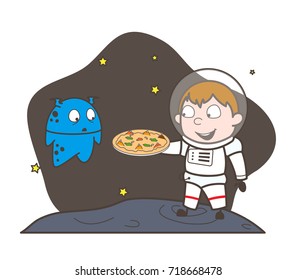 Cartoon Astronaut Presenting a Pizza to Alien Vector Illustration
