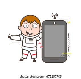 Cartoon Astronaut Presenting a Smartphone Vector Illustration