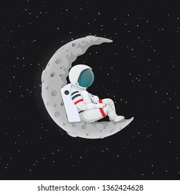 Cartoon astronaut reclining on the crescent Moon. Outer space with stars in the background. Space travel, exploration vector illustration.