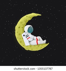 Cartoon astronaut reclining on the  yellow crescent Moon. Outer space with stars in the background. Space travel, exploration vector illustration.