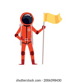 Cartoon astronaut in red space suit holding yellow flag and posing proudly - isolated spaceman erecting discovery flag. Flat vector illustration on white background.