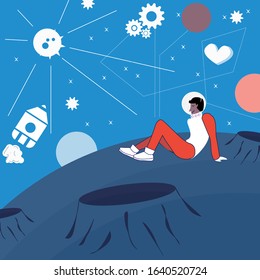 Cartoon astronaut is relaxing, enjoing his life on the planet. Concept vector illustration on colored background with space element. For website promotion poster, mobile game development advertise