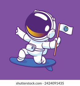 Cartoon astronaut riding surfboard holding earth flag