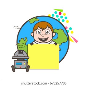 Cartoon Astronaut with Robot and Blank Board Vector Illustration