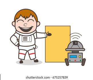 Cartoon Astronaut with Robot and Presentation Board Vector Illustration