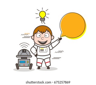 Cartoon Astronaut with Robot and Speech Bubble Vector Illustration
