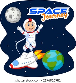 Cartoon astronaut with rocket and planets