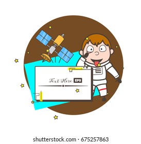 Cartoon Astronaut with Satellite and Banner Vector Illustration