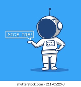 cartoon astronaut is saying nice job, isolated on blue background