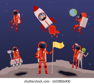 Cartoon astronaut set in space background - people in red spacesuits holding flag, taking pictures of Earth and with alien, sitting on robot and floating. Flat vector illustration