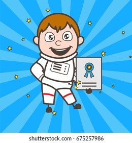 Cartoon Astronaut Showing a Reward Certificate Vector Illustration