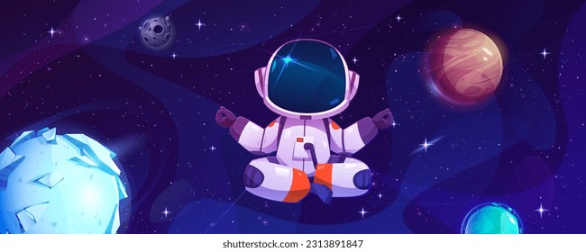 Cartoon astronaut sit in space vector illustration. Spaceman character do galaxy yoga in helmet and suit. celestial personage travel and explore outer cosmos with stars. Frozen meteorite in sky