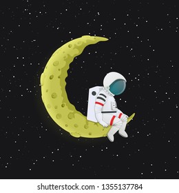 Cartoon astronaut sitting with legs dangling on the yellow crescent Moon. Outer space with stars in the background. Space travel, exploration vector illustration.