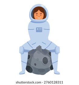 Cartoon astronaut sitting on asteroid, exploring space and discovering new planets