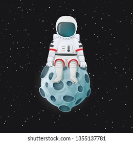 Cartoon astronaut sitting on the Moon. Outer space with stars in the background. Space travel, exploration vector illustration.