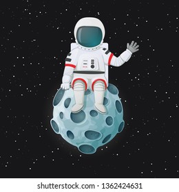 Cartoon astronaut sitting on the Moon waving. Outer space with stars in the background. Space travel, exploration vector illustration.