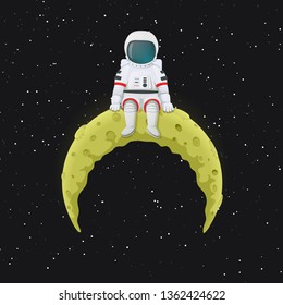 Cartoon astronaut sitting on top of the yellow crescent Moon. Outer space with stars in the background. Space travel, exploration vector illustration.