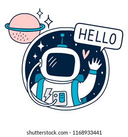 Cartoon astronaut in space. Hello